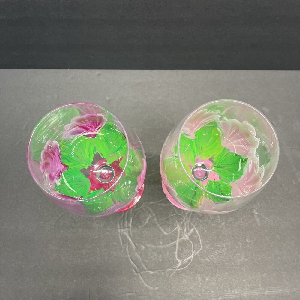 Hand Painted Stemmed Wine Glasses Artist Signed Floral Pattern Set of 2 Spring - Picture 3 of 10